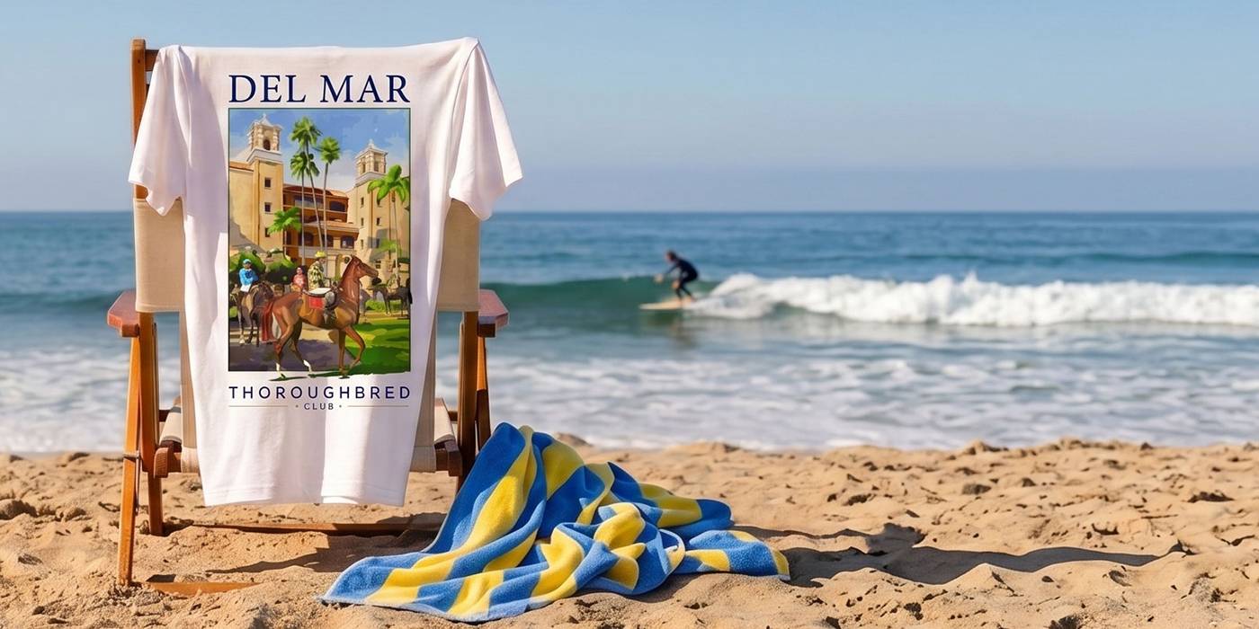 Del Mar shirt draped over beach chair